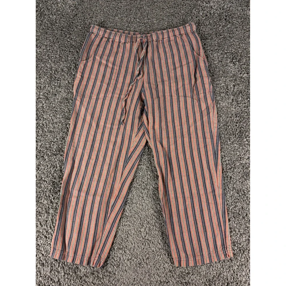 Territory Ahead Womens Small Striped Linen Capri Pants Elastic Waist Blue Orange